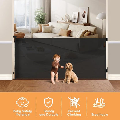 Retractable Baby Gate for Stairs, 55" Wide Mesh Pet Gate, Automatic Tension, One-Hand Operation, 38" Tall Baby Gates for Doorways, Hallways, Deck, Indoor Outdoor, Safe, Easy to Fit, Black