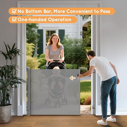 Retractable Baby Gate for Stairs, 55" Wide Mesh Pet Gate, Automatic Tension, One-Hand Operation, 38" Tall Baby Gates for Doorways, Hallways, Deck, Indoor Outdoor, Safe, Easy to Fit, Gray
