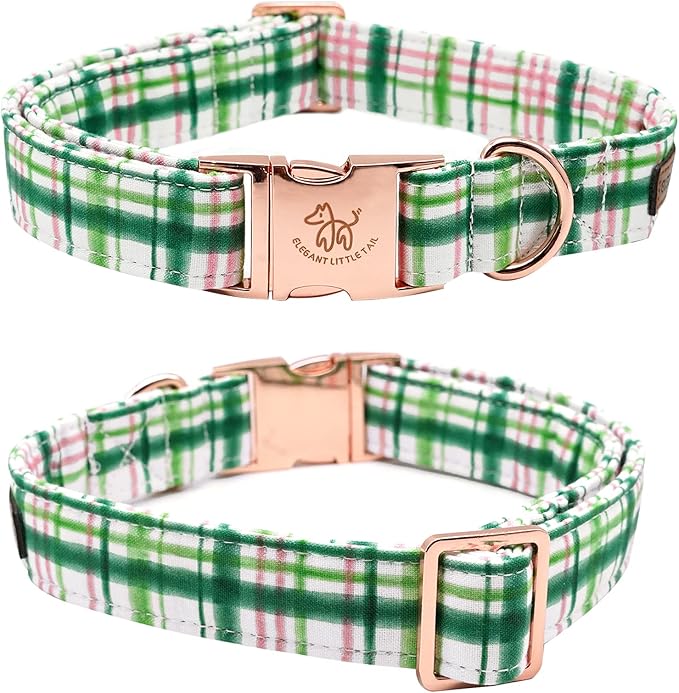 Elegant Little Tail Dog Collar with Bow - Pink with Green Plaid Cute Bowtie Adjustable Collar for Small Puppy