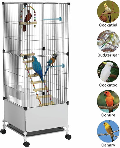 Medium Flight Bird Cage, Black Parakeet Cages with Rolling Stand & Wheels, Wide Birdcage for Parrots Cockatiels Conure Budgie Canary Finch Lovebird