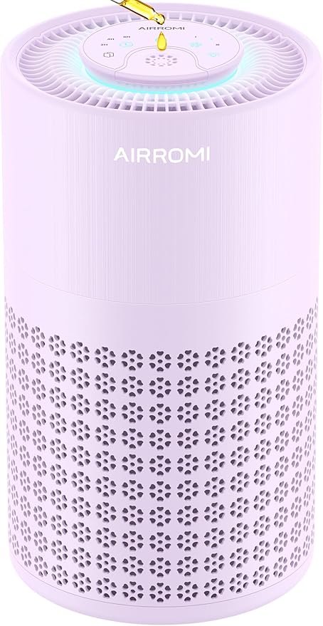 AIRROMI Air Purifier for Bedroom with HEPA 3-in-1 Filter, Pet Air Purifier for Home Cat Pee Smell, Covers Upto 990 Ft², Quiet 360°intake Air Cleaner for Pet Hair,Allergies,Pollen,Smoke A2001 Purple