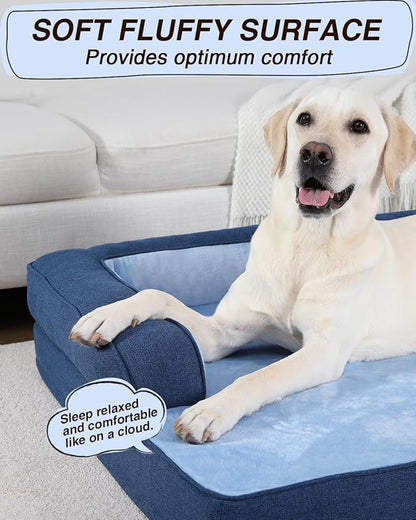 KSIIA Washable Dog Bed XXL Senior Dog, Orthopedic Warm Soft Pet Sofa Waterproof Pet Couch with Sides, Non-Slip and Egg-Crate Foam Jumbo Beds with Removable Cover, 47x32Inch, Blue