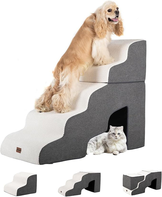 Dog Stairs for High Beds with Tunnel, 5-Step Dog Steps for Small Dogs and Cats, Foldable Pet Stairs for High Bed Climbing, Non-Slip Balanced Pet Step Indoor, Beige