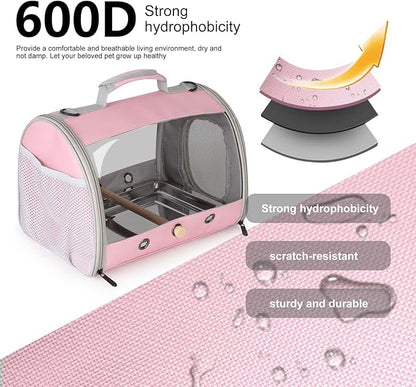 Long Tail Bird Travel Carrier Cage with Tray and Stand Perch, Portable Lightweight Clear Windows Carry Bag for Parakeet Budgies Cockatiel Transport to Vet (Pink, Cylinder Design - Clear)