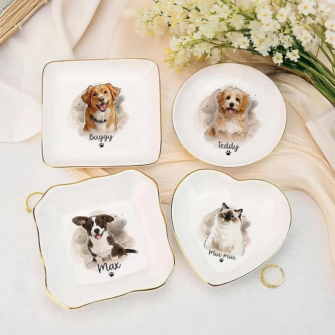 Custom Dog Cat Portrait Ring Dish, Personalized Pet Trinket Dish with Pet Photo & Name, Dog Mom Jewelry Tray, Engagement Gift, Keepsake for Dogs Lovers, Wedding, Pets Memory Gifts