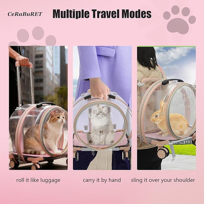 Transparent & Fully Breathable Hard Cat Carrier with Rolling Wheels, Multiple Carrying Carrier for Cats, Dogs, Or Bunnies for Traveling, Taking a Walk, Applicable Weighing up to 19.84lbs (Pink,Clear)