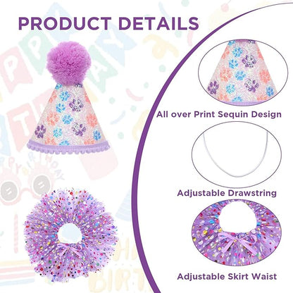 Dog Birthday Bandana with Hat and Dress Girl Set Puppy Birthday Party Supplies Cute Tutu Skirt Outfit for Small Medium Large Dogs Decorations(Purple) (Light Purple)