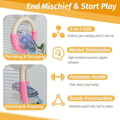 3-Ring Bird Wooden Swing Climbing Toy Chewable Cotton Rope Perch for Cage Cockatiels Budgies Parakeets Lovebirds