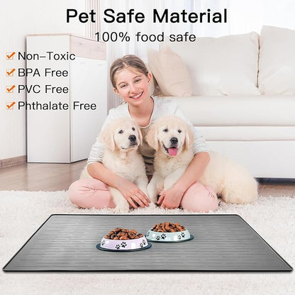 XXXL Pet Food Mat, 48" x 32" Largest Silicone Dog Mats for Food and Water, Nonslip Pet Feeding Mats for Floors,Dog Cat Bowl Mat with Raised Edges, Drak Brown