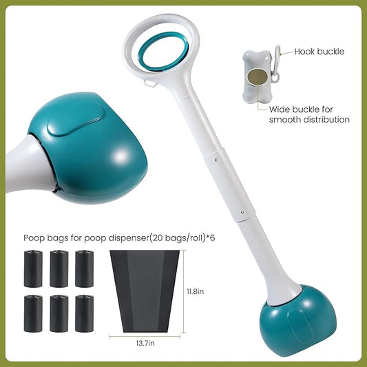 Dog Pooper Scooper Portable with Bag Attachment, One Handed Foldable Design, Includes 120 Waste Bags and Dispenser, 28 Inch Handle for Grass Yard Gravel Cleanup (Green)