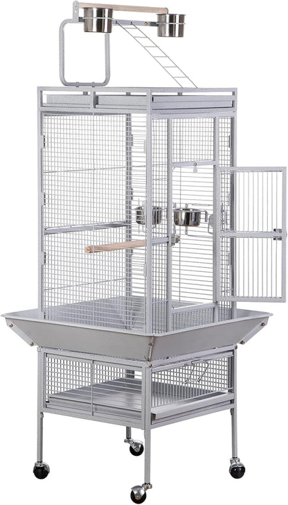 SUPER DEAL PRO 61-inch 2in1 Large Bird Cage with Rolling Stand Playtop Parrot Chinchilla Finch Cage Macaw Conure Cockatiel Cockatoo Pet House Wrought Iron Birdcage, White