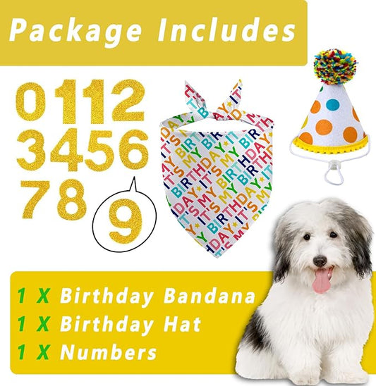 Dog Birthday Bandana Set, It's My Birthday Dog Scarfs, Pet HBD Party Decor Supplies with Colorful Polka Dots Hat Numbers Kerchief for Boy and Girl (Multicolor)