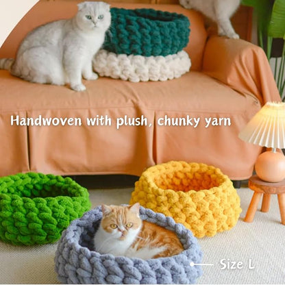 Cat Nest Bed - Premium Self Warming Handwoven Washable Extra Soft Round Cave House for Indoor Kitten & Kitty, Small & Large (Cloud White,Medium)