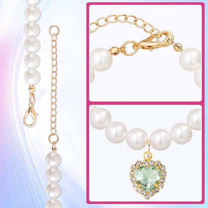 2pcs Cat Pearl Collar with Heart Pendant, Cute Pearl Pet Necklace in Small, Adjustable Wedding Party Small Dog Jewelry Accessories for Puppy Kitten- White & Green