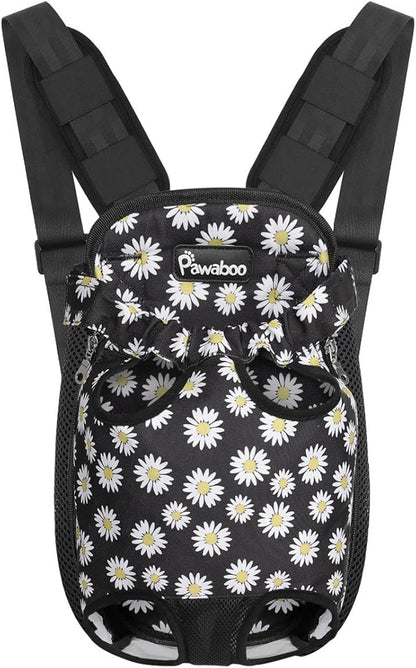 Pawaboo Pet Carrier Backpack, Adjustable Pet Front Cat Dog Carrier Backpack Travel Bag, Legs Out, Easy-Fit for Traveling Hiking Camping for Small Medium Dogs Cats Puppies, Small, Black Daisy