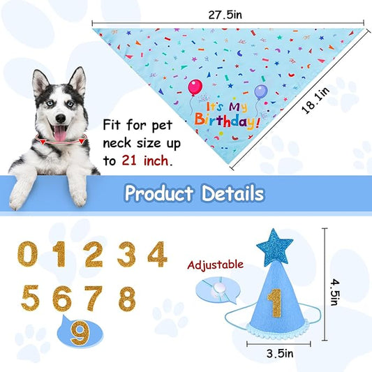 Dog Birthday Party Supplies, Dog Birthday Bandana Set, Dog Boy Girl Birthday Party Hat with Numbers for Large Medium Small Dogs Pet (Blue)