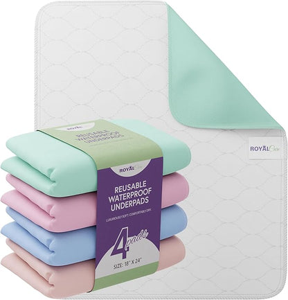 Incontinence Bed Pads - 4 Pack 18” x 24” Reusable Waterproof Mattress Protectors - Highly Absorbent, Machine Washable - for Children, Pets and Seniors - Assorted Colors - Royal Care