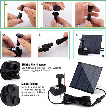 Solar Fountain Pump Kit with Separate Solar Panel, 1.8 W Upgraded Solar Water Pump with 3 M Long Cable & 4 Nozzles Solar Water Fountain for Bird Bath, Outdoor Pond, Patio Garden No Power Storage