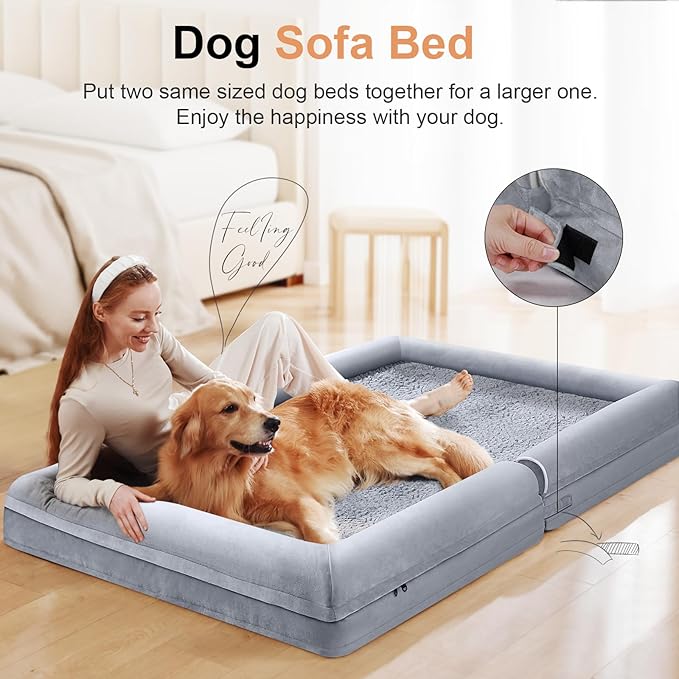 Large Dog Bed Orthopedic Washable: Jumbo Dog Bed Bolster Extra Large Dogs Egg Crate Foam Sofa Couch Waterproof Removable Cover - Grey