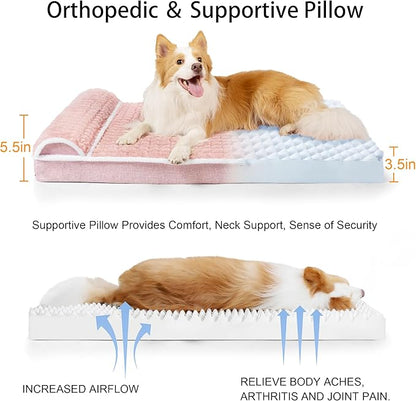 Orthopedic XL Dog Bed Large Sized Dog with Pillow 48''X30'', Waterproof Soft Comfortable Egg Crate Foam Pet Crate Beds Mat with Removable Washable Cover and Non-Slip Bottom, Pink