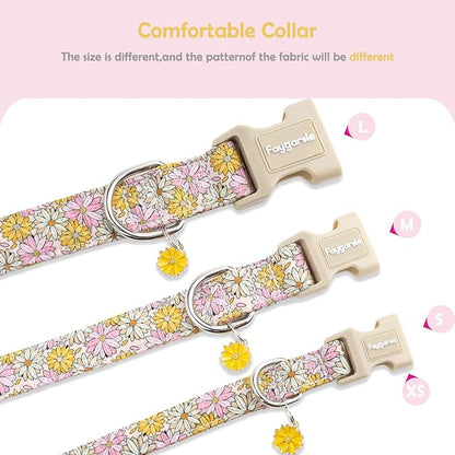 Faygarsle Floral Girl Dog Collar, Cotton Fabric with Daisies Pattern, Pink and Yellow Summer Spring Design for Small Medium Large Dogs S