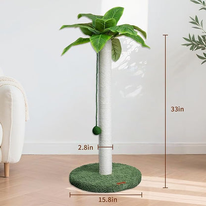 Meowoou Cat Scratching Post 33 Inch Tall Cat Scratcher for Indoor Cats Adults,Palm Tree Sisal Rope Kitten Scratch Tower with Interactive Hanging Ball White
