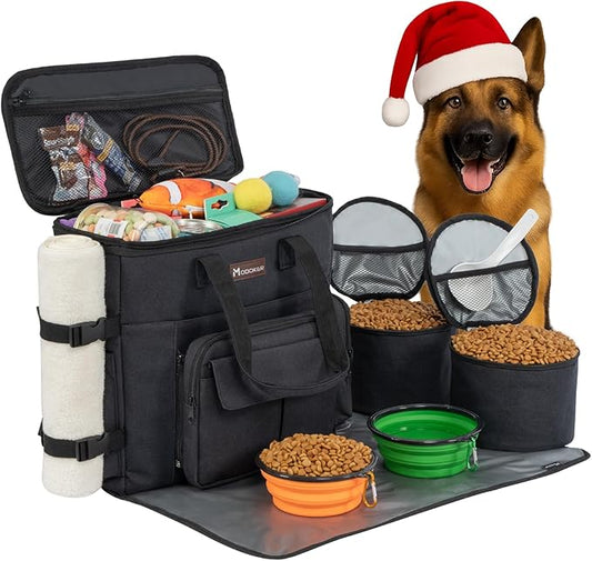 Modoker Dog Travel Bag with 2 Collapsible Dog Bowls, 1 Dog Backpack, Airline Approved Pet Travel BagOrganizer for Supplies & Accessories, 2 Travel Dog Food Container, Black