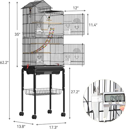 YITAHOME 62 inch Metal Bird Cage, Large Parakeet Cages for Parrot, Cockatiel, Lovebird, Pigeon with Roof Top, Rolling Stand and Hanging Accessories