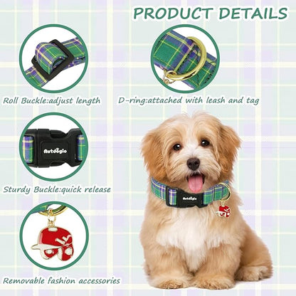 Dog Collar with Dark Green Striped Checkered for Spring Summer, Adjustable Cotton Puppy Collar for Small Medium Large Girl Boy Dogs-M