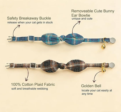 Cotton Bowtie Cat Collar with Bell 2 Pack Plaid Breakaway Kitten Collars with Removeable Bunny Ear Bow(Mocca Tweed+Ocean Blue)