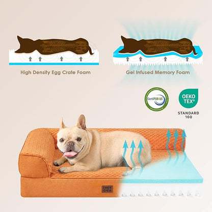 EHEYCIGA Large Dog Bed Memory Foam for Crate, Orthopedic Dog Bed Large Size Dogs with Washable Removable Cover, Waterproof Pet Sofa Couch with Nonskid Bottom, 35x22x6, Pumpkin