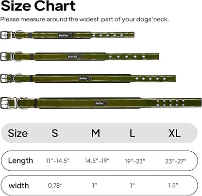 PetiFine Dog Collars for Medium Dogs, Neoprene Padded and Adjustable, Reflective Wide Heavy Duty Pet Collars with Durable Metal Belt Buckle for Walking, Green, M