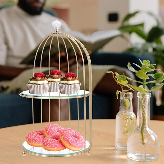 DOITOOL Gold Metal Cupcake Stand Bird Cage Dessert Stand, 2 Tier Dessert Display Stand Cake Holder for Wedding, Party, Birthday, Baby Shower Celebrations, Table Decorations