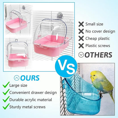 Tfwadmx Bird Cage Bath Hanging Parrot Bath Tub Water Shower Food Feeder Holder Tray Bird Bath Supplies for Small Birds Canary Budgies Cockatiel Lovebirds (Pink)