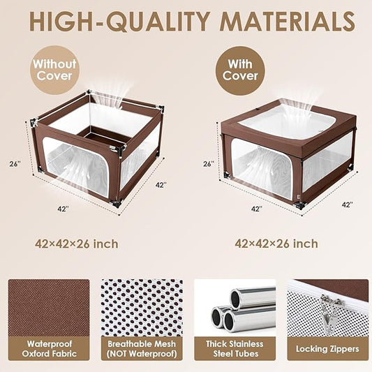 EHEYCIGA 42x42x26 Inches Puppy Playpen Without Top Cover for Dogs & Cats Indoor or Outdoor - Dog Playpen with Door, Dog Fence for Small Animal with Heavy-Duty Oxford & Steel Frame, Brown