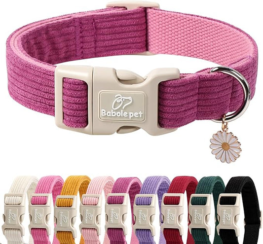 Cute Corduroy Dog Collar - Fuchsia Adjustable Dog Collars for X-Large Dogs 80+lbs, Fade-Proof with Secure Snap & Little Charm, Christmas Birthday Gift, XL