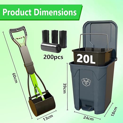 Dog Poop Outdoor Trash Can with Lid 20L/5Gal - Pedal & Removable Inner Bin, 200 Waste Bags + 1 Green Long Handle Pooper Scooper