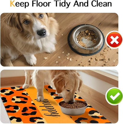 Puppy Feeding Mat 20x12 inch Orange Leopard Print Dog Bowl Placemat Non Slip Mat for Pet Food and Water Small Dog Food Area Indoor Puppy Feeding Station Pet Meal Mats for Kitchen