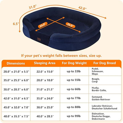 Dwanton Orthopedic Dog Bed for Large Dogs with Gel Memory Foam, Waterproof Dog Sofa, Washable Pet Bed with Four Sided Bolster Cushion, Removable Cover & Non-Slip Bottom, 42", Navy Blue