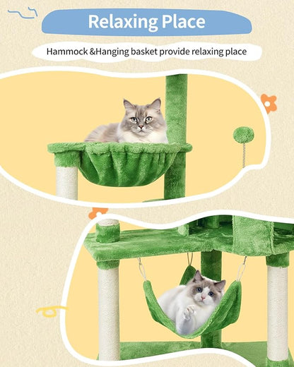 KIYUMI Cat Tree Cat Tower Condo with Sisal Scratching Post for Indoor Cats Tree Furniture with Hammock Perch and Kitten Ball Toys, Multi-Level Pet Activity Center (Green)