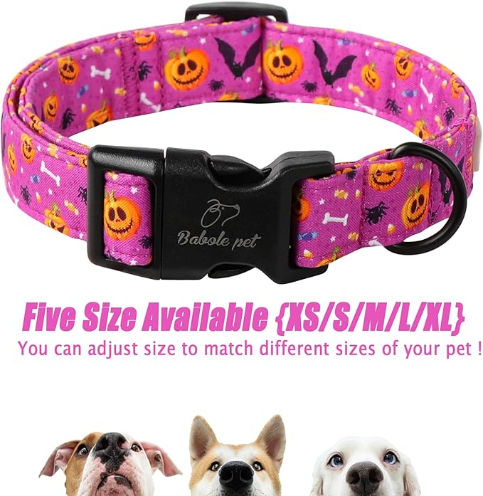Halloween Dog Collar, Cute Pumpkin Bat Pattern Halloween Purple Puppy Collar, Soft Adjustable Cotton Dog Collars for Small Medium Large Boy&Girl Dogs M
