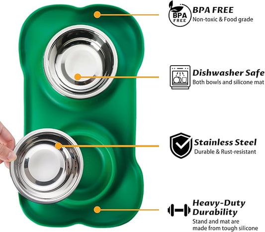 Hubulk Pet Dog Bowls 2 Stainless Steel Dog Bowl with No Spill Non-Skid Silicone Mat + Pet Food Scoop Water and Food Feeder Bowls for Feeding Small Medium Large Dogs Cats Puppies (Small, Hunter Green)