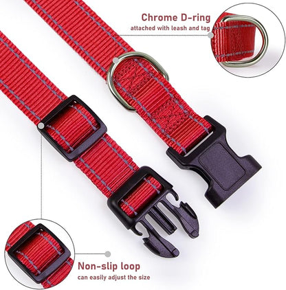 Reflective Dog Collar with Buckle Adjustable Safety Nylon Collars for Small Medium Large Dogs, Red XL