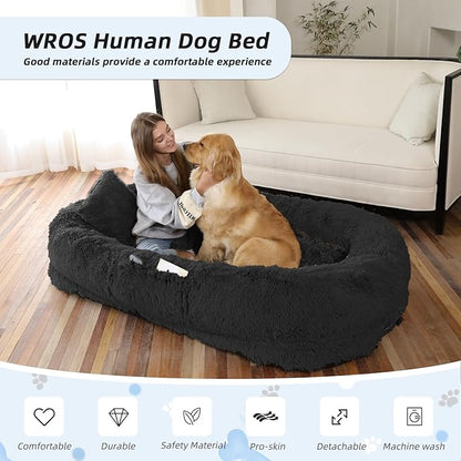 Human Dog Bed, 71''x45''x12'' Size Fits You and Pets, Washable Faux Fur Pet Bed for People Doze Off, Napping Orthopedic Dog Bed, Present Plump Pillow, Blanket, Strap - Black