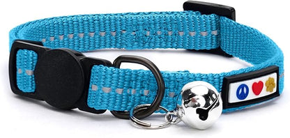 Pawtitas Recycled Teal Reflective Cat Collar – Eco-Friendly Breakaway Safety Buckle, Adjustable Kitten & Adult Collar with Removable Bell and High-Visibility Strap
