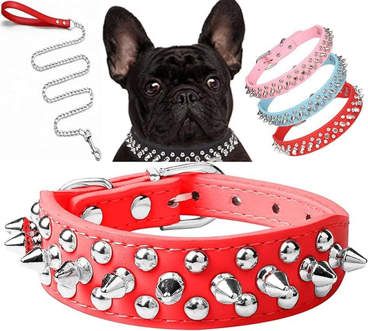Spiked Dog Collar Soft Pu Leather Mushrooms Rivet Spike Studded Puppy Adjustable Pet Collars for Small Breeds (XS, Red Set)