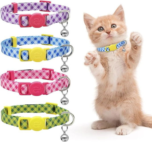 azuza 4 Pack Breakaway Plaid Kitten Collar with Bell, 4 Pack Quick Release Safe Buckle Cat Collars, 4 Colors Checkered Pattern, Adjustable from 6"-8"