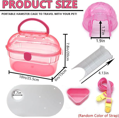 kathson Portable Hamster Cage Dwarf Hamster Carry Case Syrian Hamster Carry Travel Cage with House Food Bowl Adjustable Strap Pet Outgoing Cages Carrier for Small Hamster Young Guinea Pig Pink