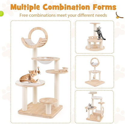 Nightcore 57” Tall Solid Wood Cat Tree for Indoor Cats, Building Block Kitten Tower w/Perch, Scratching Posts, Washable Cushions, 4 Install Options, Multi-Level Cat Activity Center Climbing Furniture