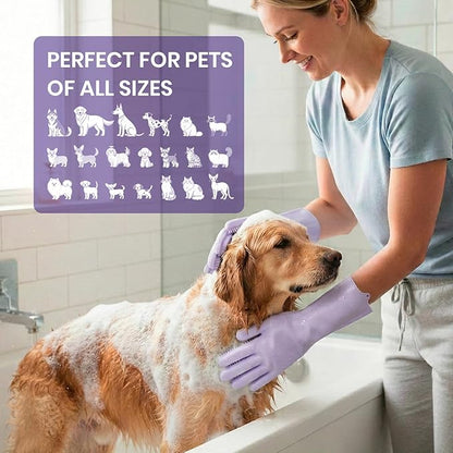 DELOMO Pet Grooming Gloves 1 Pair: Soft and Gentle Silicone Dog Washing Gloves - Bathing Scrubber Brush Mitt Grooming Shedding Fur Removal Massage for Dogs/Cats/Horse, Purple